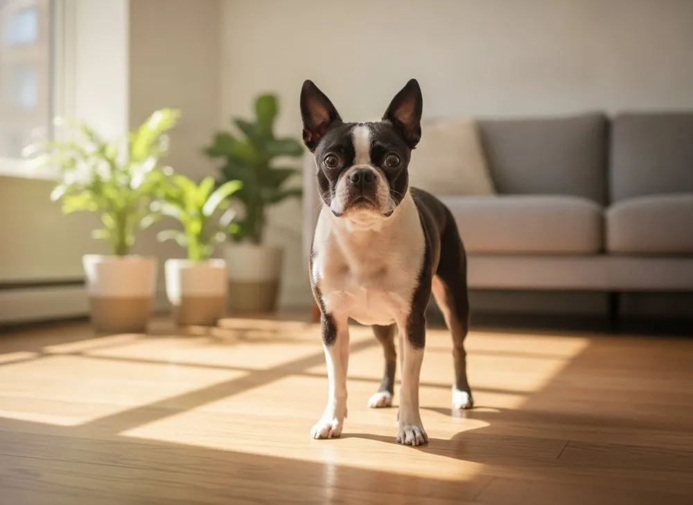 A Boston Terrier standing alert on an apartment floor