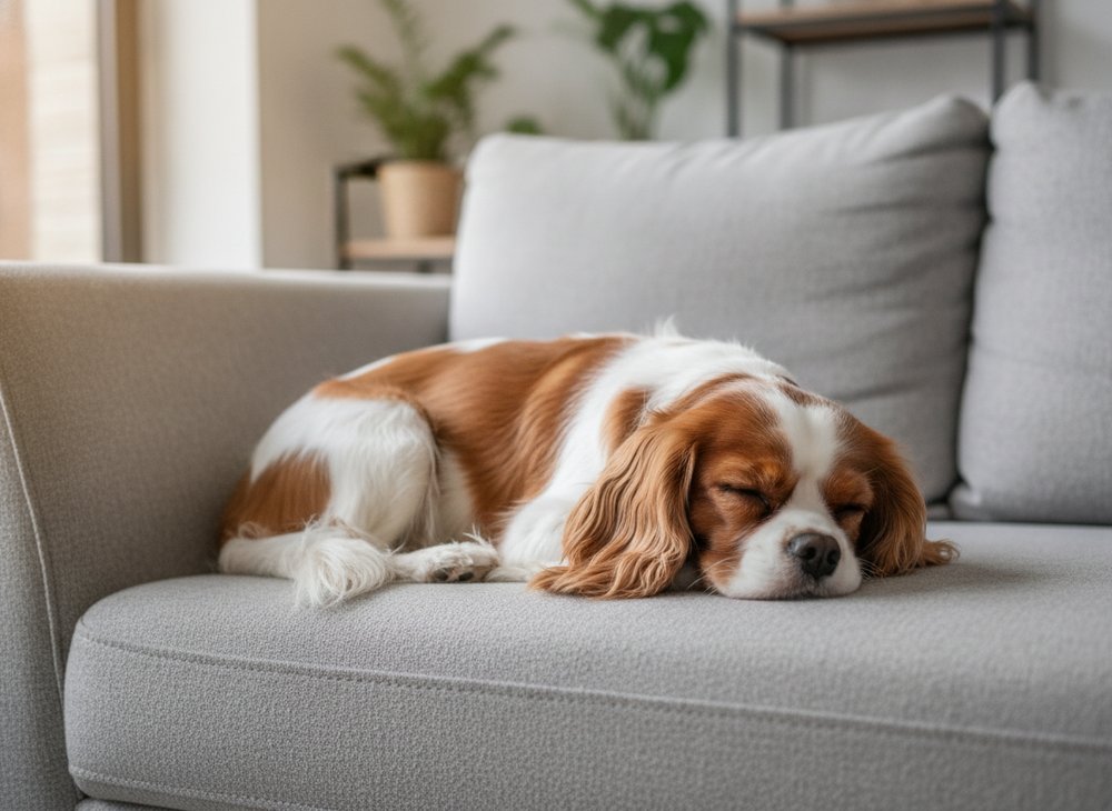 A Cavalier King Charles Spaniel curled up on a sofa