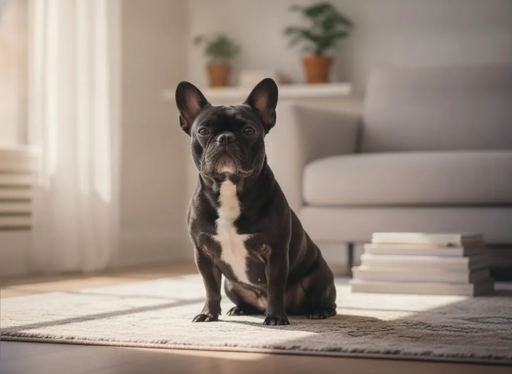 A fawn French Bulldog sitting by a living-room window