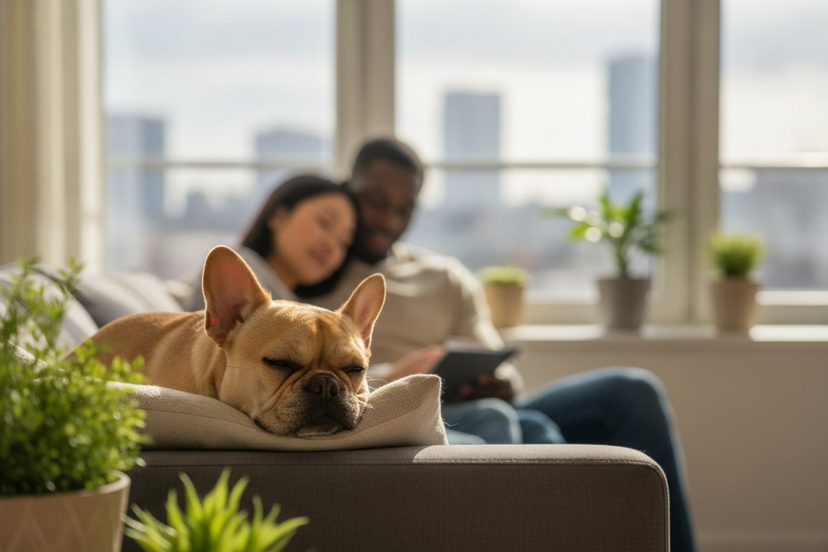 A French Bulldog relaxing by the window of a cozy apartment with its owners