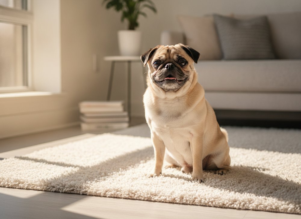 A fawn Pug sitting on a soft rug in a bright apartment