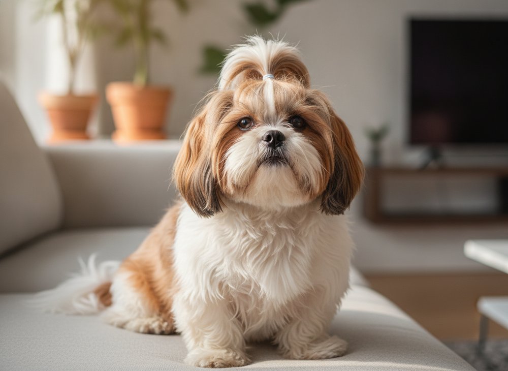 A Shih Tzu with a topknot sitting on a couch cushion