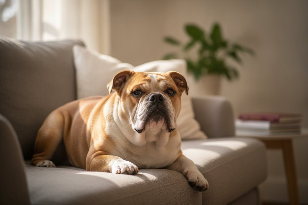 A Bulldog relaxing on a couch