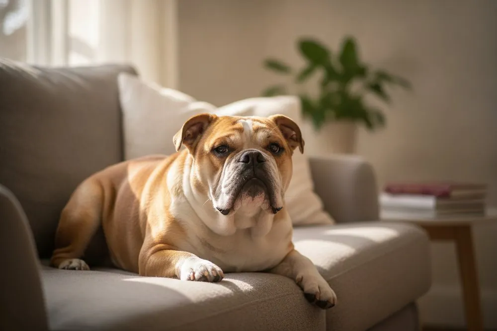 A Bulldog relaxing on a couch