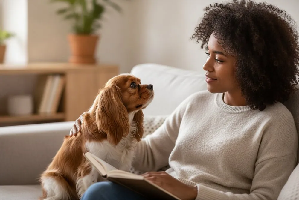 A Cavalier King Charles Spaniel on someone's lap