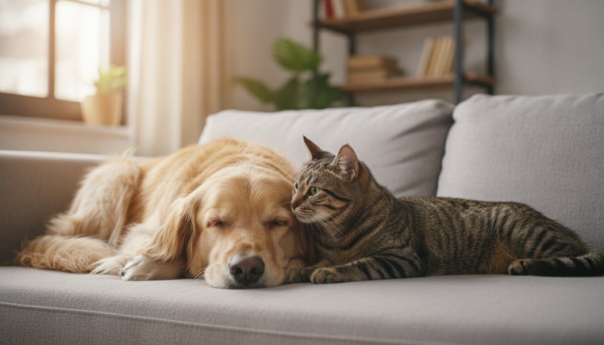 A dog and a cat relaxing peacefully together on a sofa at home